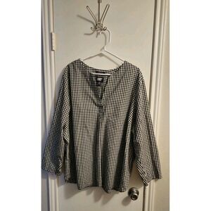 LANDS END Women's 100% Cotton Tunic Top 3X Checked Black White Lagenlook Preppy